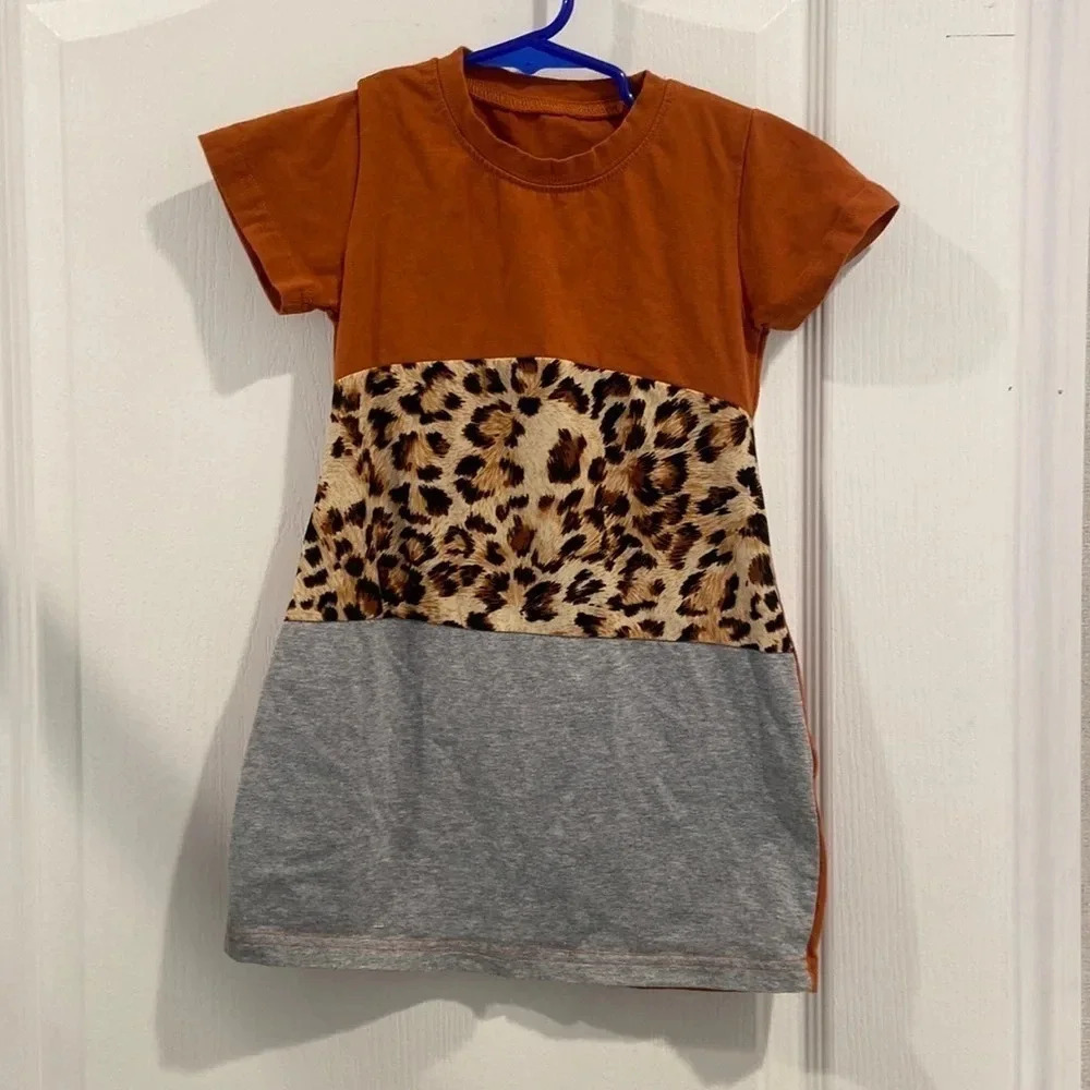 Shein girls dress size 110 4/5, color block cheetah leopard